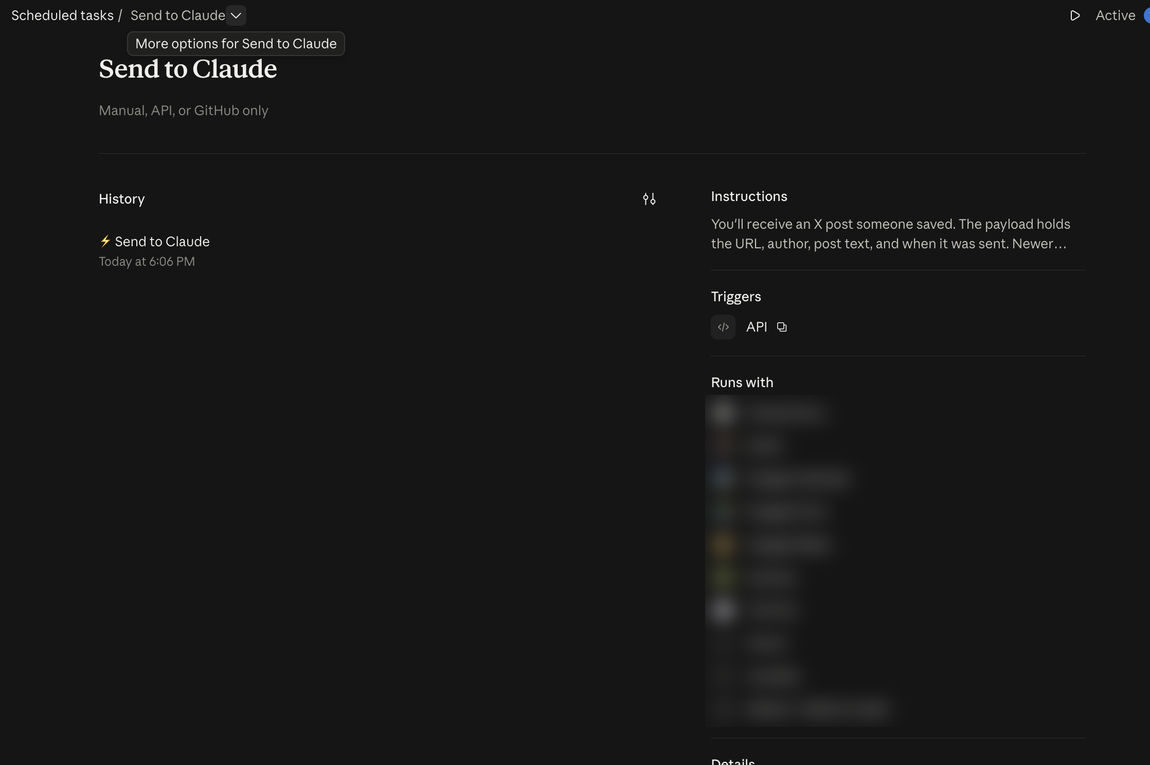 The task page. History is on the left. The Active toggle and the three-dots button are at the top right.